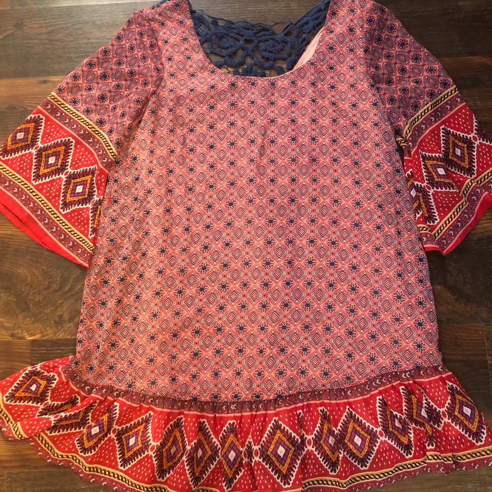 Boho Red and Navy Swing Dress - Size M